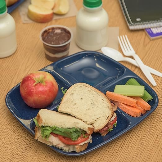 Carlisle FoodService Products Essential Food Tray, 4-Compartment Plastic Cafeteria Tray for Schools, Dining Halls, and Restaurants, Melamine, 10.5 x 9.5 Inches, Cafe Blue, (Pack of 36)
