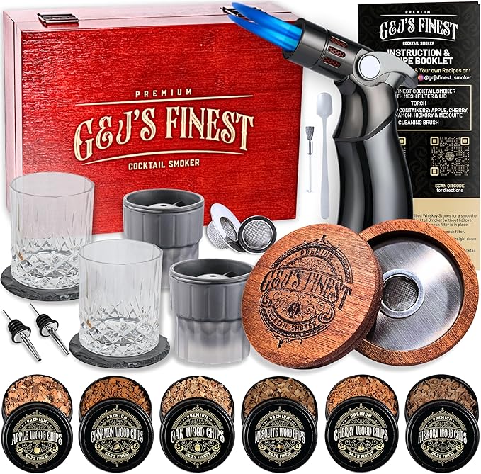 Whiskey Smoker Kit | Cocktail Smoker Kit with Torch, Scorch Shield, Lid, 6 Wood Chips & Gift Box for Smoked Old Fashioned| Bourbon Smoker
