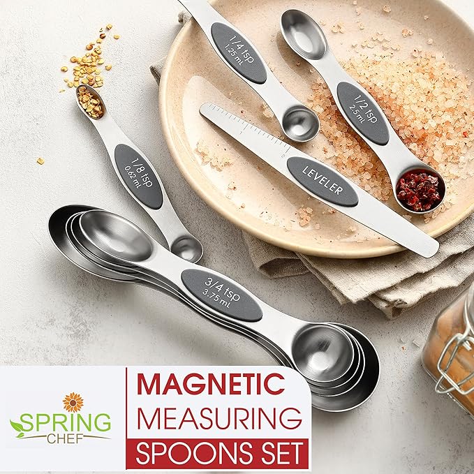 Spring Chef Stainless Steel Magnetic Measuring Spoons Set of 8 with Leveler, Dual Sided Metal Teaspoon & Tablespoon Measuring Spoons - Kitchen Gadgets For Baking and Cooking, Gray