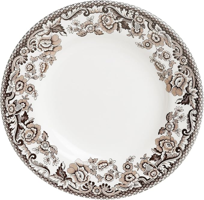 Spode Delamere 5-Piece Place Setting – Rich Brown British Flowers Border, Includes Dinner, Salad, Bread Plates with Teacup & Saucer – Fine Earthenware, Dishwasher, Microwave, Oven & Freezer Safe