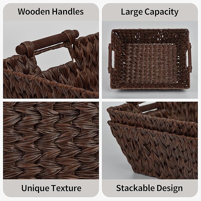 GRANNY SAYS 2-Pack Wicker Storage Baskets, Large Baskets with Handles, Wicker Baskets for Shelves, Waterproof Woven Basket for Organizing, Brown