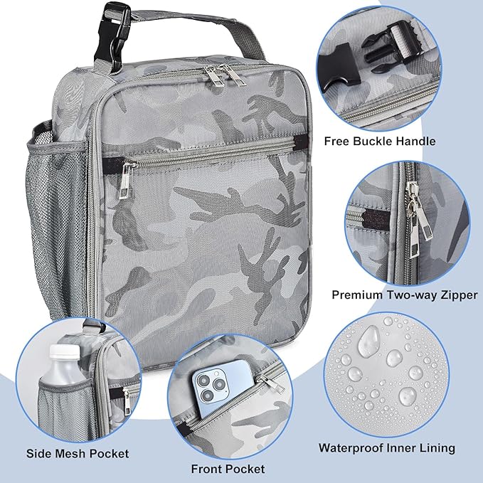 Insulated Lunch Bag, Leakproof Portable Lunch Box for Women Men Boys Girls, Large Capacity Cooler Bag for Office School Camping Hiking Outdoor Beach Picnic (Camo Grey)