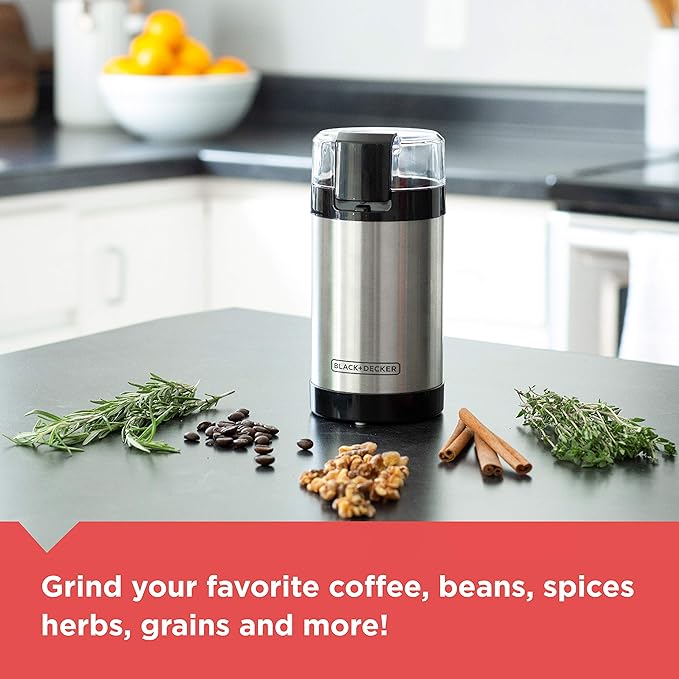 BLACK+DECKER One Touch Coffee Grinder, 2/3 Cup Coffee Bean Capacity, Spice Grinder, One Touch Push-Button Control -150 Watts- Stainless Steel Blades