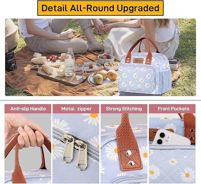 HOMESPON Lunch Bag for Woman Man Adults with Front Pocket Insulated Lunch Tote Lunch Box Container for Work Picnic or Travel(Blue Daisy)