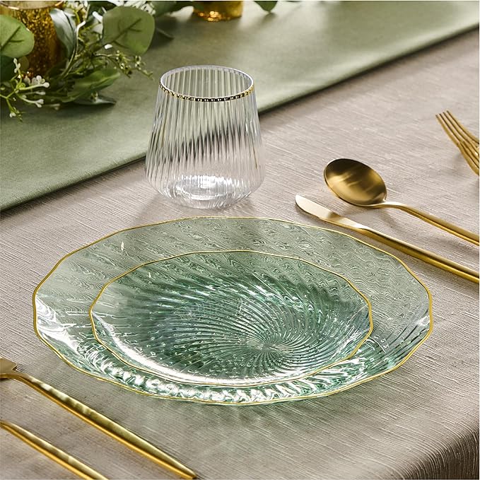 PLASTICPRO 60 Pack Plastic Plates Set of 30-10 inch Plates and 30-7 inch Plate, Elegant Clear Green Spiral and Gold Rim Disposable Fancy Plate Premium Heavyweight