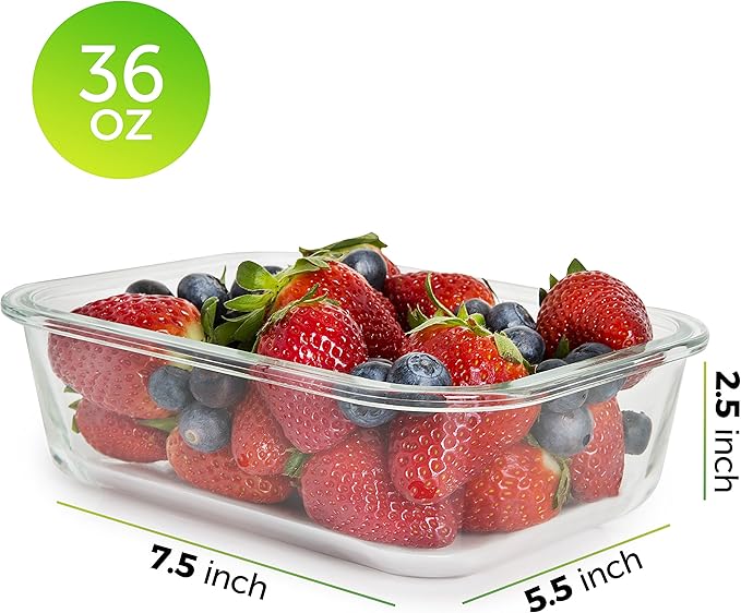 Prep Naturals Glass Meal Prep Containers - Oven, Microwave & Freezer Safe - Leakproof Airtight Glass Storage Containers with Lids - For Food Prep & Lunch - Pack of 5, 36 Oz, Square