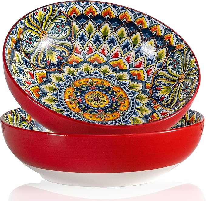 Red Large Serving Bowls Set of 2, Bohemian Style 10" Large Ceramic Bowls for Entertaining and Party, Bowls for Pasta Soup Fruit Ramen Cereal, Dishwasher Oven Safe