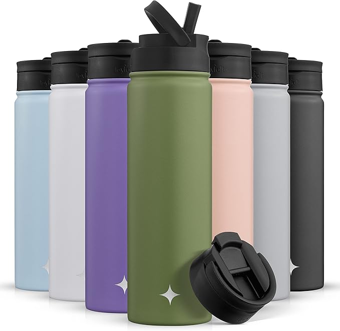 JoyJolt Triple Insulated Water Bottle with Straw Lid AND Flip Lid! 22oz Water Bottle, 12 Hour Hot/Cold Vacuum Insulated Stainless Steel Water Bottle. BPA-Free Leakproof Water Bottles - Thermos Bottle