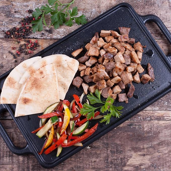 Victoria Rectangular Cast Iron Griddle. Double Burner Griddle, Reversible Griddle Grill, 13 x 8.5 Inch, Seasoned with 100% Kosher Certified Non-GMO Flaxseed Oil, Model: GDL-189