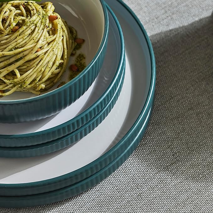 Christian Siriano Laro 24-Piece Stoneware Dinnerware Set, Plates and Bowls Set, Microwave and Dishwasher Safe, Dish Set for 8, Green