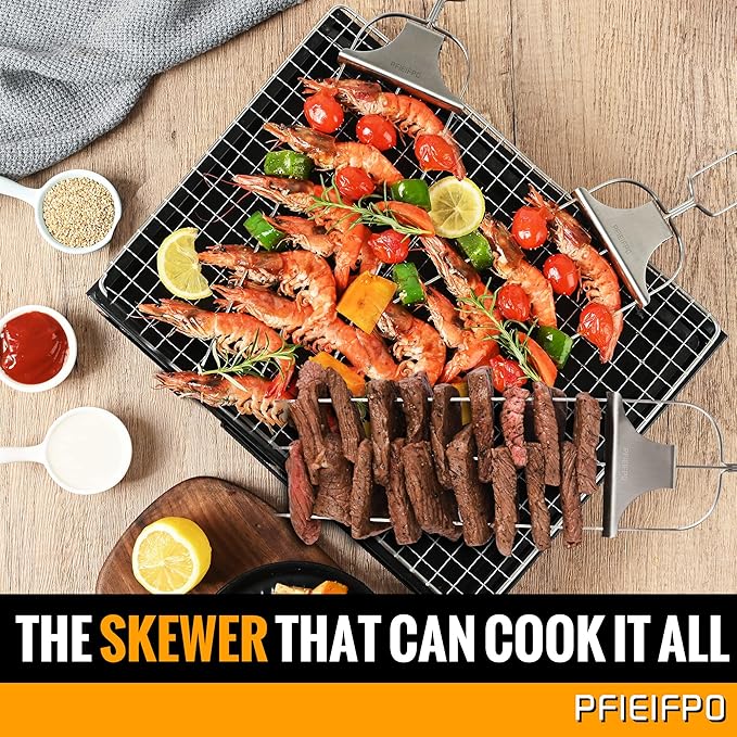 Grilling Savant 3 Way Skewers,14 Inch Metal Skewers for Grilling,Easy to Use Push Bar Slider, BBQ Accessory, Perfect for Meat,Veggies,Fruits,Marshmallow Roasting Sticks Grill Kabob Skewer.