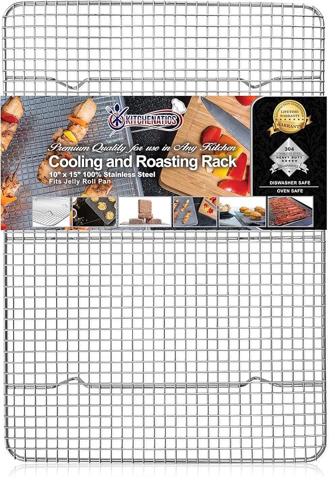 KITCHENATICS Jelly Roll Cooling Rack for Baking, Heavy-Duty Stainless Steel Baking Rack, Oven Safe Rack for Cooking, Food-Safe Bacon Rack, Cookie Cooling Rack Fits Jelly Roll Sheet Pan 10" x15" IN