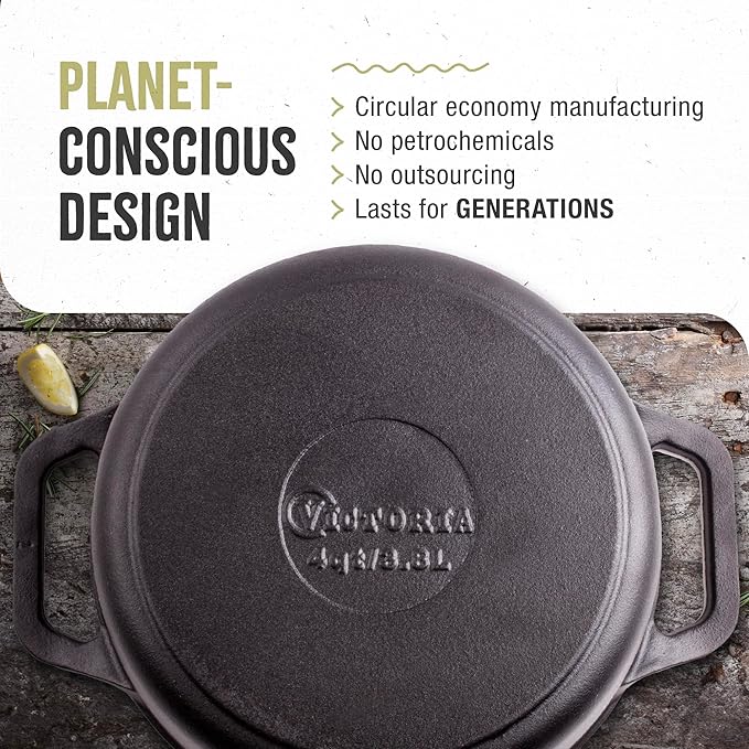 Victoria 4-Quart Cast Iron Dutch Oven with Lid and Dual Loop Handles, Seasoned with Flaxseed Oil, Made in Colombia,Black