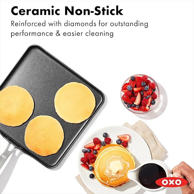OXO Enhanced 11" Griddle Pan, PFAS-Free Ceramic Nonstick, Durable Hard Anodized Cookware, Scratch Resistant, Stainless Steel Handle, Good Grips, Dishwasher Safe, Oven safe, Black
