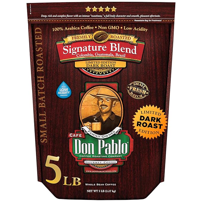 Don Pablo Signature Blend - Limited Edition Dark Roast Gourmet Coffee, 100% Arabica Whole Bean, Non-GMO, Low Acidity, 5 Pound (5 lb) Bag