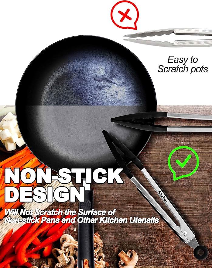 Anaeat 3 Pack 7" Mini Non-Stick Silicone Locking Tongs - Stainless Steel Kitchen Food Tong with Non-Slip Silicone Tips and Grip for Cooking, Baking and BBQ - Heat Resistant up to 480°F (Black)