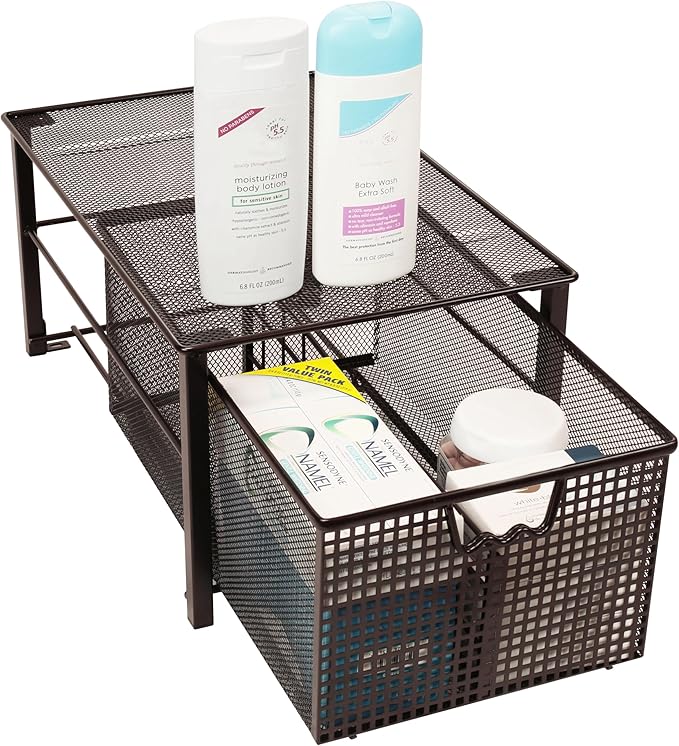 Deco Brothers Stackable Pull Out Cabinet Sliding Basket with Dividers, Large, Bronze