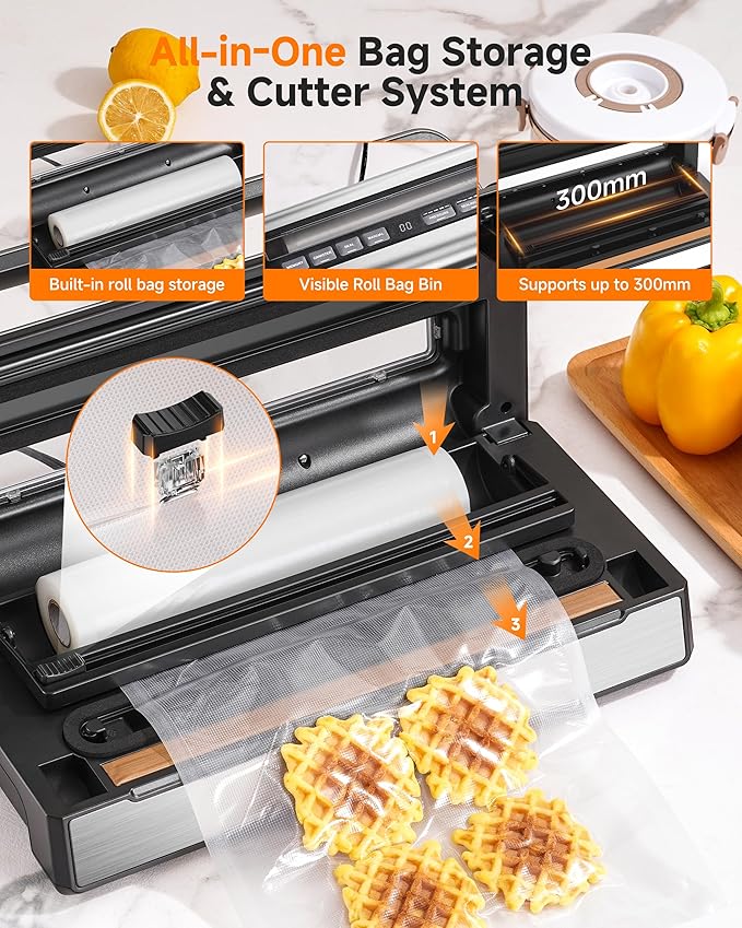 95KPa Automatic Vacuum Sealer, 9-in-1 Food Sealer for Dry/Moist/Liquid Foods, Double Heat Seal & Pump, Includes Bag Rolls & Hose, Built-in Cutter, Stainless Steel