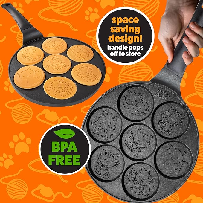 Kitty Friends Mini Pancake Pan - Make 7 Unique Flapjack Cat Designs, Nonstick Pan Cake Maker Griddle w Long Handle for Breakfast Animal Kitten Fun & Easy Cleanup, Fun Xmas Gift for Kids, Party Treat