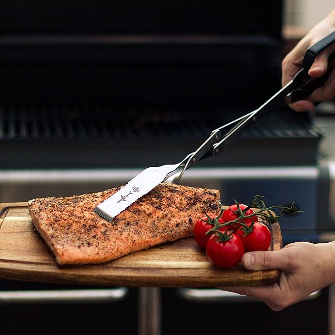 Shark BBQ Grill Tongs - 17 inch Black. Professional kitchen and outdoor grilling utensil. Long reach Barbeque Grilling Tongs. Ideal for steak, fish, burger, and sausage