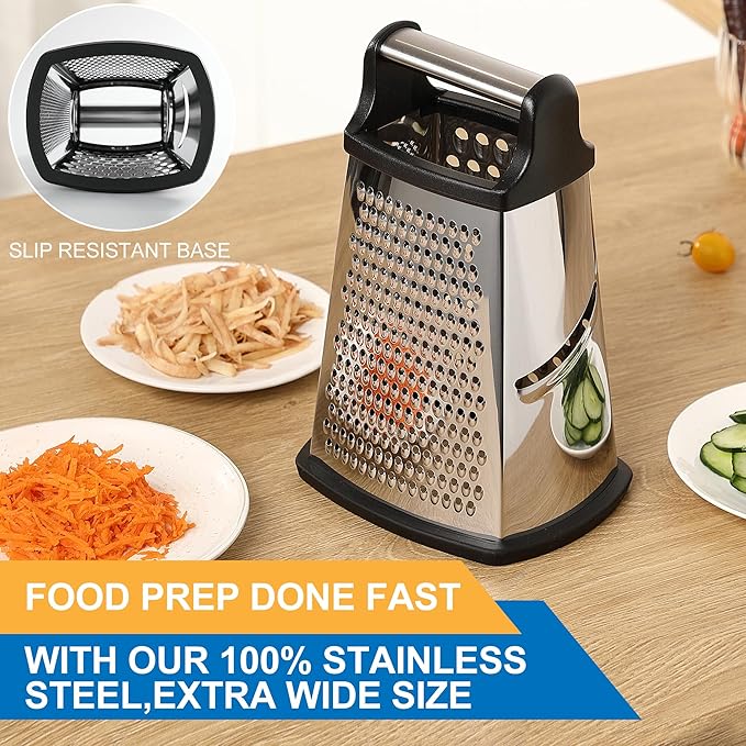 Professional Cheese Grater - Stainless Steel, XL Size, 4 Sides - Perfect Box Grater for Parmesan Cheese, Vegetables, Ginger - Dishwasher Safe - Black