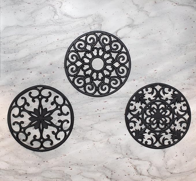 GASARÉ, Extra Large, Thick, 10" Silicone Trivets for Hot Dishes, Pots, and Pans, Hot Pads for Countertops, Flexible, Dishwasher Safe, 10 x ¼ Inches, Set of 3, Black