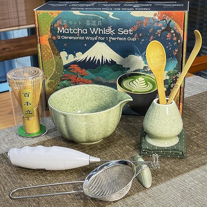 Matcha Whisk Set Incl. Ceramic Bowl With Spout, Whisk (Chasen), Stand, Bamboo Scoop, Sifter, Electric Frother, Tea Towel etc. 9 Pcs Matcha Making Starter Kit, Mottled Green