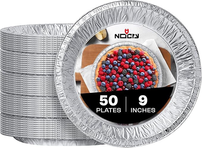 NoCry Premium Disposable Pie Pans (50 Pack) — 9 Inch Foil Aluminum Tins with Full Curl Lip for Baking Delicious Tarts or Crispy Pastry Crusts — Lightweight Yet Sturdy — Even Heat Distribution