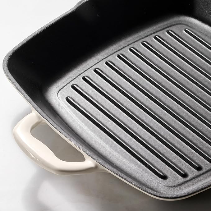 Tramontina Bestow Enameled Cast Iron Grill Pan with Press, 11-inch, Latte with Gold Knob