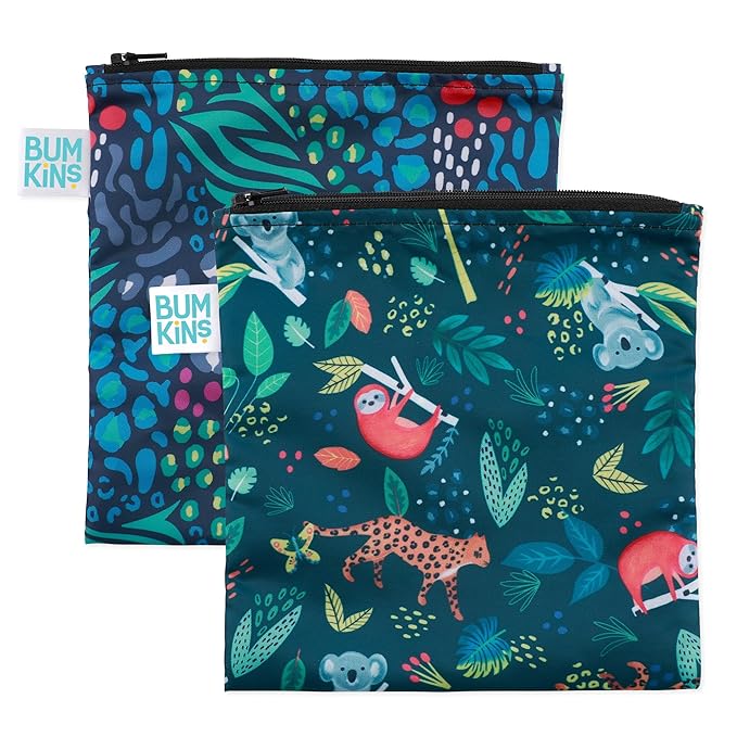 Bumkins Reusable Sandwich and Snack Bags, for Kids School Lunch and for Adults Portion, Washable Fabric, Waterproof Cloth Zip Bag, Travel Pouch, Food-Safe Storage, Large 2-pk Jungle