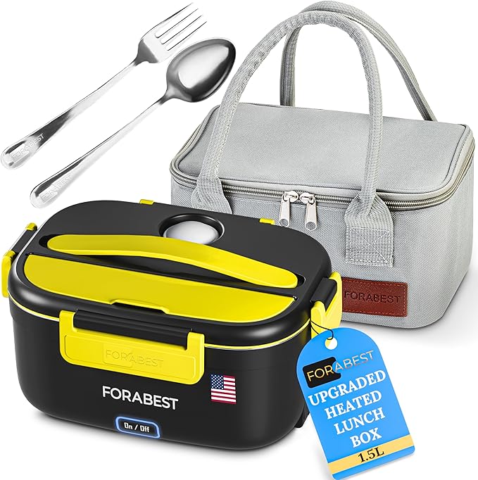 FORABEST Heated Lunch Box, 80W Electric Lunch Box for Adults, Portable Food Warmer with 1.5L Stainless Steel Container, Utensils & Carry Bag, On/Off Switch, 12V/24V Car/Truck & 110/120V Home/Office