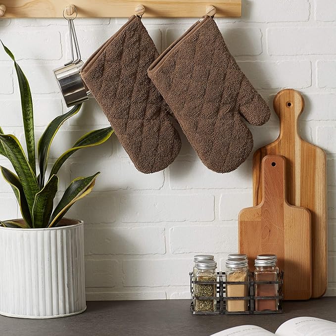 DII Basic Terry Collection 100% Cotton Quilted, Oven Mitt, Brown, 2 Piece