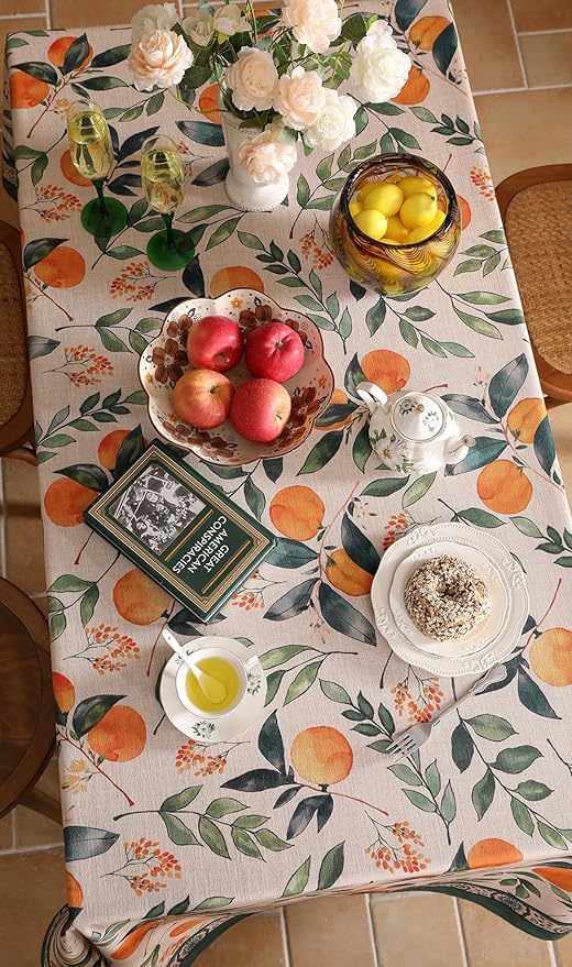 patdrea Designer Vintage Linen Rectangle Extra Long Table Cloth,Framhouse Oranges and Leaves Pattern French Tablecloth,Decor Cover for Kitchen Dining Christmas,Thanksgiving,63"x110"-Palladin a