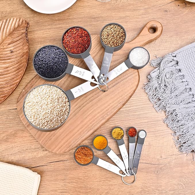 Measuring Cups and Spoons Set of 10 Pieces, Nesting Measure Cups Spoons with Stainless Steel Handle for Dry & Liquid Ingredient, Kitchen Gadgets, Grey