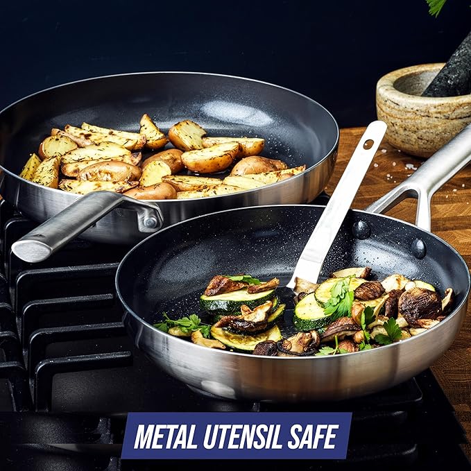 Blue Diamond Tri-Ply Stainless Steel 9.5” & 11" Frying Pan Skillet Set, Healthy Ceramic Nonstick, PFAS-Free, Multi Clad, Induction, Dishwasher & Oven Safe, Versatile Kitchen Essential