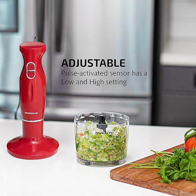 OVENTE Immersion Hand Blender, 300W Electric Handheld Portable Stick Mixer Set with 2 Mixing Speed, Stainless Steel Blades, Egg Whisk Attachment, Mixing Beaker and BPA-Free Food Chopper, Red HS565R