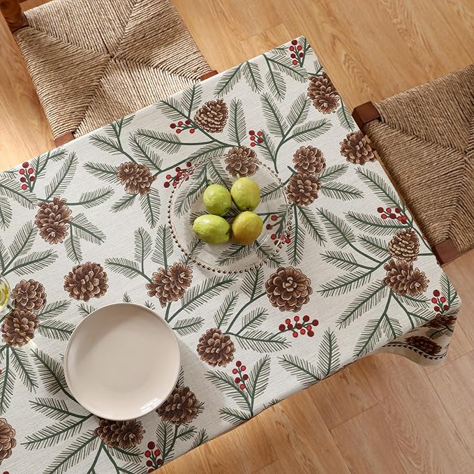 ISAENNE Designer Christmas Beige Linen Rectangular Tablecloth,Pinecones Pattern Indoor Tablecloths,Washable Decor Table Cloth for Dining Thanksgiving Kitchen Christmas,55"*87"-Carol B