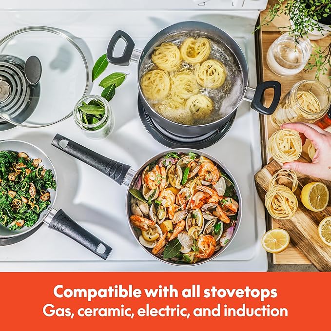bella Cookware Set with Glass Lids with Nonstick, PFOA Free and Scratch Resistant Surface, Aluminum Bakeware, Pots and Pans, Storage Bowls & Utensils, Compatible with All Stovetops, 21 Piece, Gray