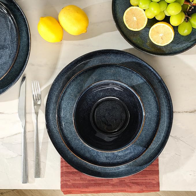 Stone Lain Mirella 12-Piece Stoneware Dinnerware Set, Service for 4, Reactive Glaze, Deep Blue – Includes Dinner Plates, Salad Plates, and Bowls – Modern Artisanal Design