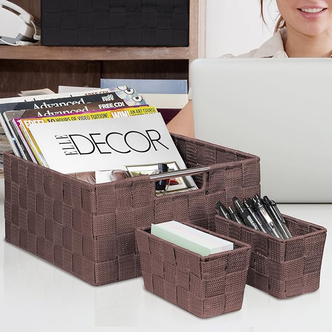 Sorbus Storage Baskets for Organizing (Set of 7), Mesh Hand-Woven Design, Linen Closet Organizers and Storage, Organizer Storage Baskets for Shelves, Variety Pack Organizers and Storage (Chocolate)