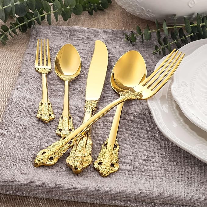 KEAWELL Luxury 20 Pieces 18/10 Stainless Steel Flatware set, Service for 4, silver plated with gold accents, Fine Silverware set and Dishwasher Safe (Gold)
