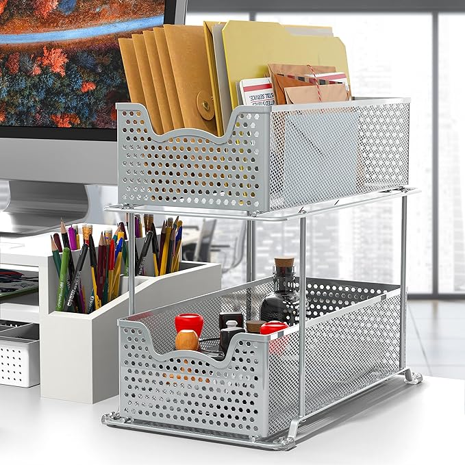 SIMPLE HOUSEWARE 2 Tier Sliding Cabinet Basket Organizer Drawer, Silver