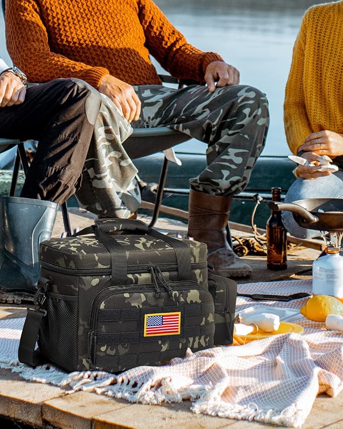 TACTICISM Tactical Lunch Box for Men, 30 Cans Leakproof Lunchbox, Insulated Lunch Bag, Portable Soft Cooler with Detachable Molle Pouch, Black Camo