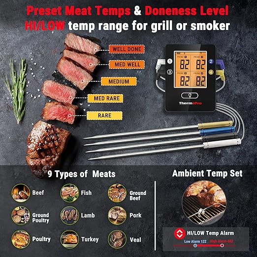 ThermoPro TP25 650FT Bluetooth Meat Thermometer with 4-Probes, Smart Rechargeable Wireless Meat Thermometer for Grilling, Smoker, Oven, Kitchen, BBQ Thermometer with Alarm, Temperature Graph, Black