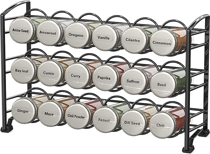 Deco Brothers Spice Rack Stand holder with 18 Bottles and 48 Labels, Black