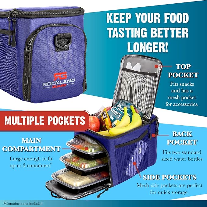 Rockland Guard Insulated Lunch Bag for Men - Lunch Box for Women with Compartments for Meal Prep Containers, Bottles, Snacks, Extra Storage Pockets - Lunchbox for Work, Travel, Picnic, Camping - Blue