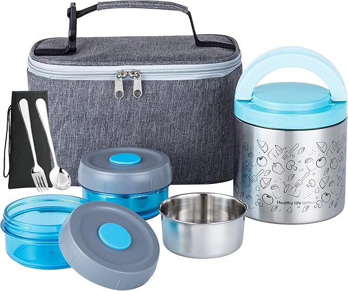 Lille Home Portable Insulated Lunch Box Set with Stainless Steel Cutlery, vacuum lunch box, to Keep Food Warm or Cool, Two Containers for Fruits and Sauces, Durable and Leak-Proof(Blue)