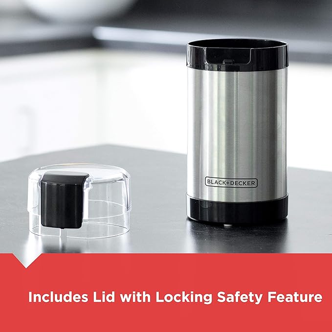BLACK+DECKER One Touch Coffee Grinder, 2/3 Cup Coffee Bean Capacity, Spice Grinder, One Touch Push-Button Control -150 Watts- Stainless Steel Blades