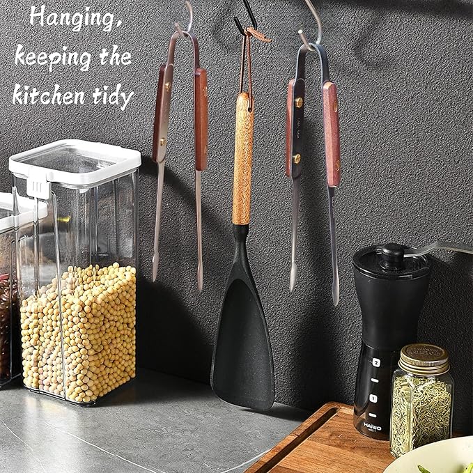 Premium Kitchen Tongs - 304 Stainless Steel & Walnut Wood, Comfortable Grip, Non-Slip Design, High Heat Resistant - Ideal for Home, Cooking, Barbecue & Frying Steak, 9-Inch, silvery