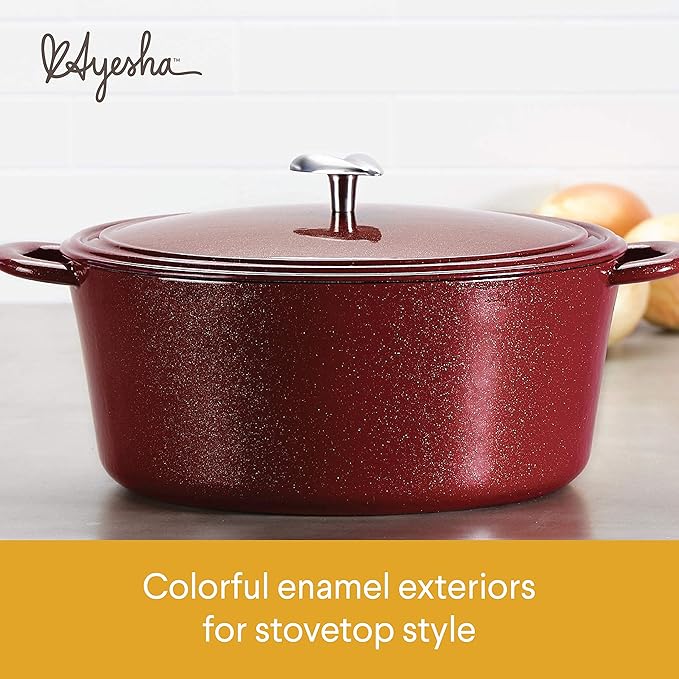 Ayesha Curry Cast Iron Enamel Casserole Dish/ Casserole Pan / Dutch Oven with Lid - 6 Quart, Sienna Red